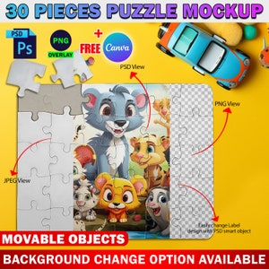 Dye Sublimation 30 Piece Puzzle With Round End Mockup, Jigsaw Puzzle Template, Add Design & Background Via Smart Canva Frame, Photoshop PSD
