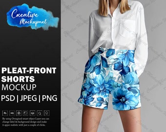 Pleat Front Shorts Mockup | Women's fashion casual wear shorts mockup, Photorealistic shorts mockup | Photoshop PSD & Canva PNG