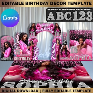 Custom Shape Birthday Decor Canva Template Bundle, Name Cutout, Pink Birthday Arch, Magazine Backdrop, Arch Backdrop, Floor Wrap Decor Set