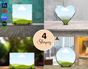 Canva Frame Slate Mockup, Square, Heart, Round, Rectangle Shape Dye Sublimation Slate Mockup, Add Your Background & Design Via PSD And Canva