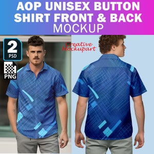 Puede incluir: Maqueta de camisa abotonada azul con diseño geométrico, mostrada de frente y de espalda. La camisa tiene mangas cortas y cuello. El texto "AOP UNISEX BUTTON SHIRT FRONT & BACK MOCKUP" está en la parte superior.