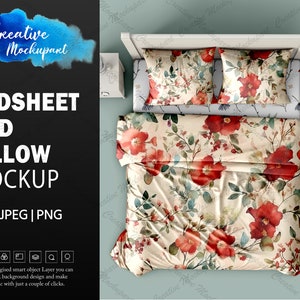 May include: A mockup of a bed with a floral patterned bed sheet and two matching pillowcases. The bed sheet and pillowcases have a cream background with red and green floral designs.