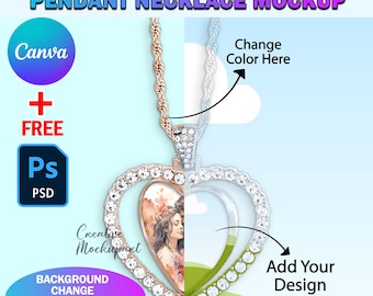 May include: A mockup of a heart-shaped pendant necklace with a rotating design. The pendant is made of gold metal and has a clear crystal design. The background is a light blue and green gradient with clouds. The text "Change Color Here" and "Add Your Design" are included in the image.