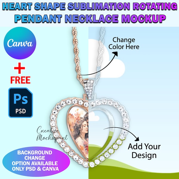 Canva Heart Shape Rotating Pendant Necklace Mockup, Rhinestones Pendant Mockup Sublimation, Insert Design & Background Via PSD, Canva Frame