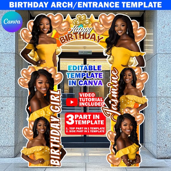 Birthday Entrance Arch Design Canva Template, Yellow Birthday Arch, Editable B'day Arch Entryway, Bday Archway For Party Decoration