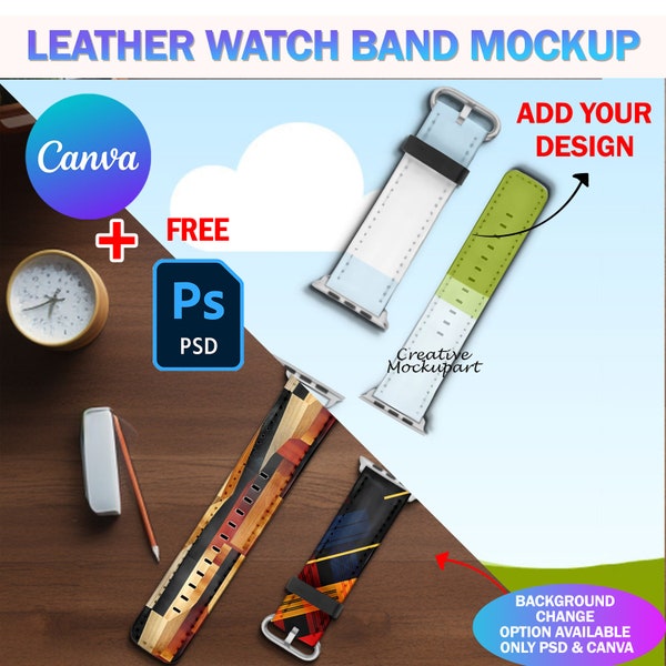 Canva Frame PU Leather Smart Watch Band Mockup For Sublimation, Insert Own Design & Background Via Photoshop PSD, PNG And Smart Canva Frame