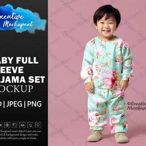 DYE Sublimation Baby Full Sleeve Pajama Set Mockup | Kids Sleepwear Mock Ups, Realistic PJ Clothing Mockup in Photoshop, Canva PNG & Jpg
