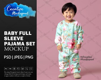 DYE Sublimation Baby Full Sleeve Pajama Set Mockup | Kids Sleepwear Mock Ups, Realistic PJ Clothing Mockup in Photoshop, Canva PNG & Jpg