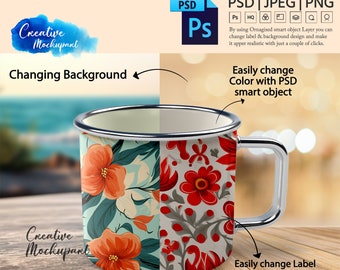 11oz Enamel Camp Mug Mockup | Outdoor Mug Mockup | Camping Coffee Cup Mock Up, Change Background, Add Design Via Smart PSD, Canva PNG & JPG