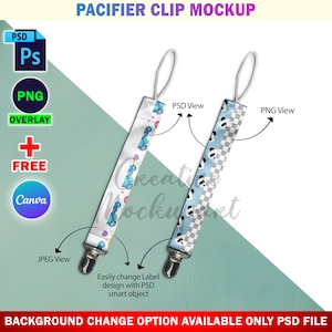 May include: Two pacifier clips, one with a panda design and the other with a blue and white animal design. Both clips are white with a silver clip. The text "PSD View" and "PNG View" are visible on the image.