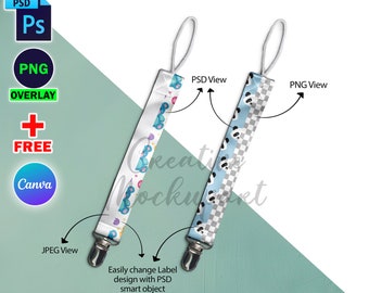 Dye Sublimation Pacifier Clip Mockup, Pacifier Holder Mockup, Insert Design & Background Via Smart Canva Frame And PSD