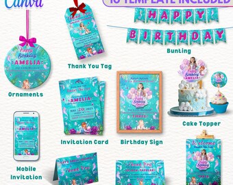 May include: A mermaid-themed birthday party decor bundle with 10 templates. Includes ornaments, invitation cards, a birthday sign, cake topper, mobile invitation, table card, thank you tag, bunting, and welcome sign. The text includes "Happy Birthday Amelia".