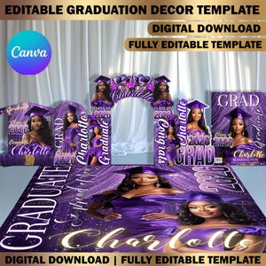 Pacchetto di modelli Canva per decorazioni di laurea personalizzate, ritaglio per nome, arco d'ingresso per laureati, sfondo con rivista, arco per cappello da parete, set di decorazioni per pavimenti