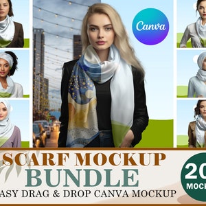 Canva フレーム 20 スカーフ モックアップ バンドル、シルク スカーフ モックアップ Canva フレーム、ラップされたサテン シルク スカーフ モックアップ、Canva フレームへのデザインのドラッグ & ドロップ