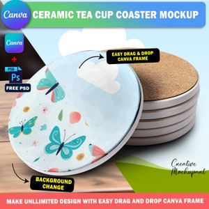 Op de afbeelding: Een set van zes keramische onderzetters met een witte achtergrond en een kleurrijk ontwerp met vlinders en bloemen. De onderzetters zijn op elkaar gestapeld, met de bovenste onderzetter die het ontwerp laat zien. De onderzetters staan op een houten oppervlak.  EASY DRAG & DROP CANVA FRAME. MAKE UNLLIMITED DESIGN WITH EASY DRAG AND DROP CANVA FRAME.