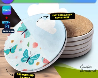 Puede incluir: Un juego de seis posavasos de cerámica con fondo blanco y un diseño colorido con mariposas y flores. Los posavasos están apilados uno encima del otro, con el posavasos superior mostrando el diseño. Los posavasos están sobre una superficie de madera.  EASY DRAG & DROP CANVA FRAME. MAKE UNLLIMITED DESIGN WITH EASY DRAG AND DROP CANVA FRAME.