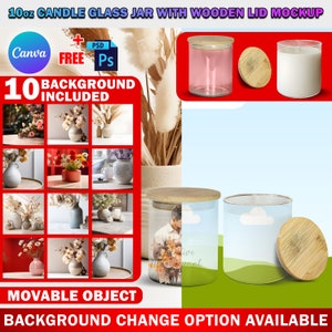 Op de afbeelding: Mockup van een 10 ounce glazen kaars pot met een houten deksel. De pot is van helder glas en het deksel is van natuurlijke houtkleur. De mockup bevat 10 verschillende achtergrondopties, waaronder een verscheidenheid aan bloemstukken en een landschapsscène. De tekst "10 BACKGROUND INCLUDED" is zichtbaar in de afbeelding.
