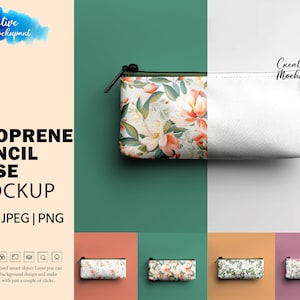 ネオプレンペンシルケースモックアップ | 昇華型ペンシルポーチバッグモックアップ | ペンシルケースモックアップ PSD、Canva PNG、JPG でデザインを挿入