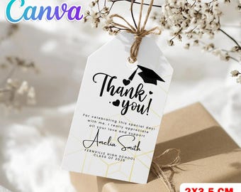 May include: A white thank you tag with a gold geometric pattern and black text. The text says "Thank you!" and includes a graduation cap icon. The tag also includes the name "Amelia Smith", "Fernville High School", and "Class of 2025". The tag is 2 inches by 3.5 inches.