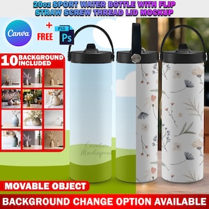 May include: Three 20 ounce stainless steel water bottles with flip straw lids. The bottles are in different colors and patterns. One bottle is blue, one is green, and one is white with a floral pattern. The bottles are on a wooden surface.