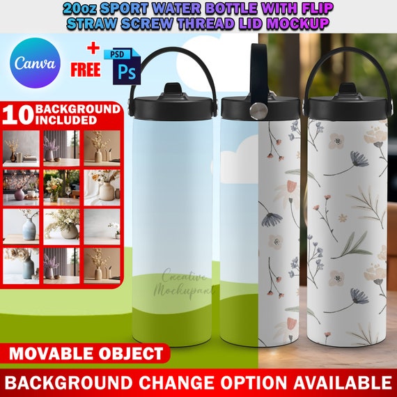 Canva 20oz Sport Water Bottle With Flip Straw Screw Thread Lid Mockup for  Sublimation, Insert Design & Background via PSD, Smart Canva Frame - Etsy