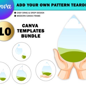 May include: A set of 10 Canva templates featuring a teardrop shape with a customizable pattern. The teardrop is filled with a blue sky, white clouds, and green grass. The text "Canva Templates Bundle" and "10" are also included in the image.