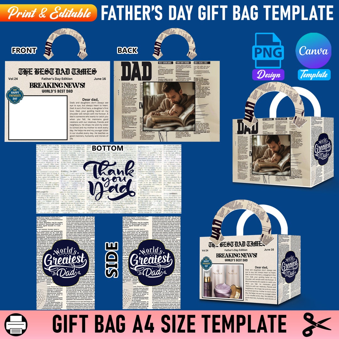 Fathers Day News Paper Themed Gift Bag Design Template, DIY Purse ...