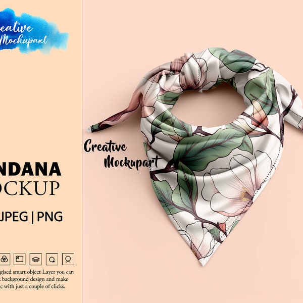 Wrapped Silk Scarf Mockup| Wrapped Bandana Mockup| Change Background, Add Your Own Design Via Photoshop Smart PSD Object, Canva PNG & JPG