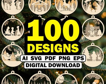 100 x kerstornament SVG-bundel, 3-laags ornament lasergesneden bestanden, bal kerstboomversieringen, ambachtelijke hangende snuisterij digitale download