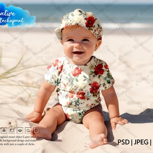 May include: A baby wearing a white and floral print bodysuit and a red and white baseball cap sits on a sandy beach. The baby is smiling and looking at the camera.
