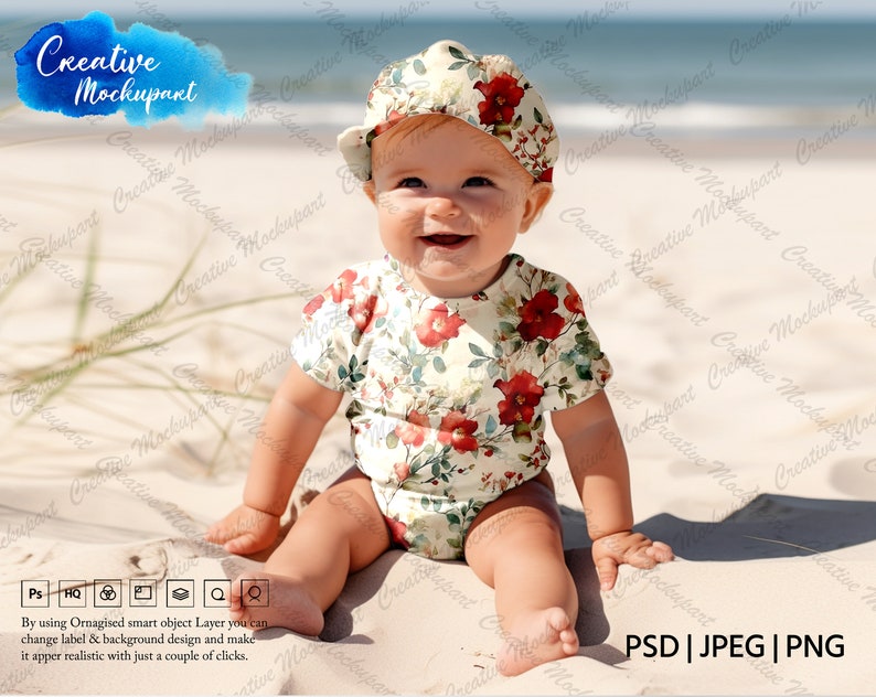 May include: A baby wearing a white and floral print bodysuit and a red and white baseball cap sits on a sandy beach. The baby is smiling and looking at the camera.