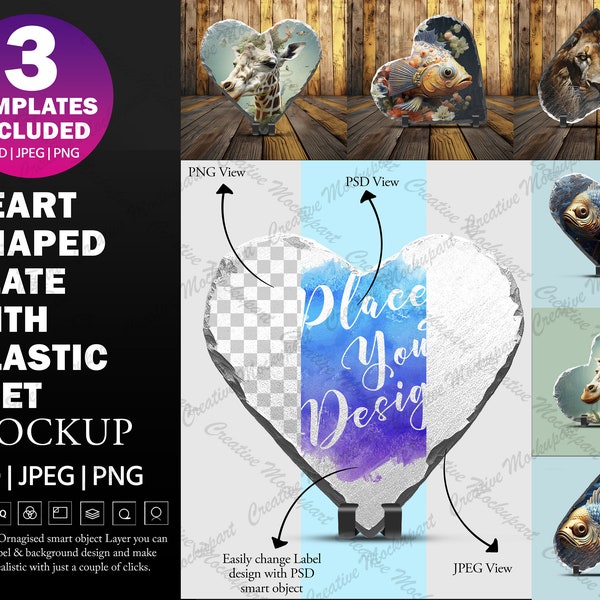Heart Shaped Slate Mockup (3 Template Included) For Sublimation | Add Your Design Via Photoshop Smart PSD Object, Canva PNG & JPG