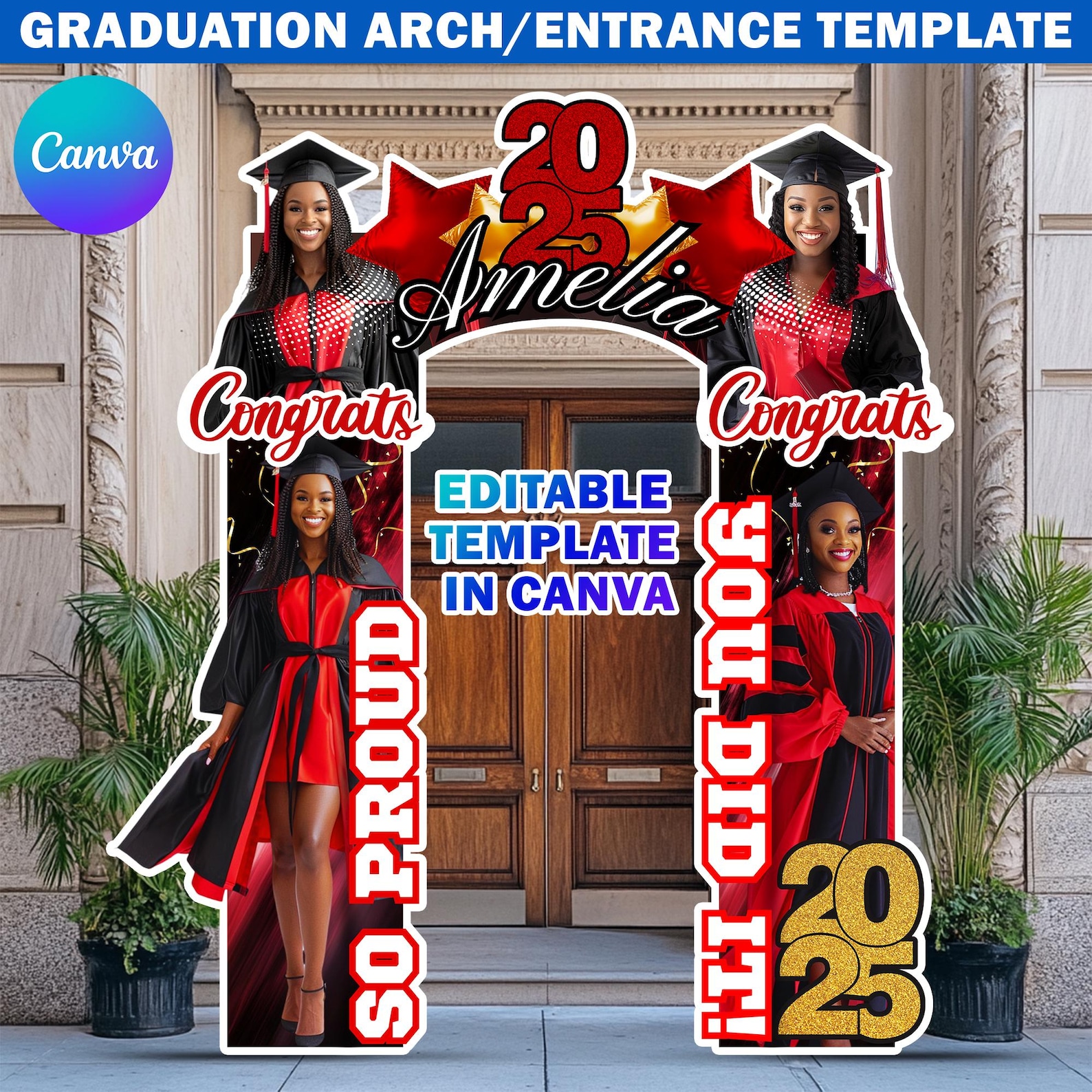 Graduation Entrance Arch Design Canva Template, Black & Red Graduation ...