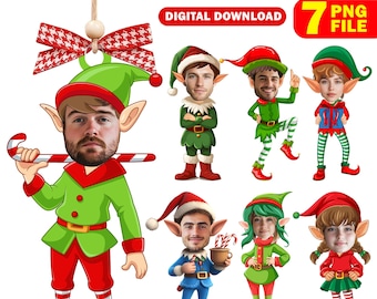 Op de afbeelding: Zeven digitale printbare kerstversieringen met elfjes met lege gezichten om je eigen gezicht toe te voegen. De ornamenten zijn in verschillende poses en bevatten een snoepstok, een kopje koffie en een cadeaudoos.