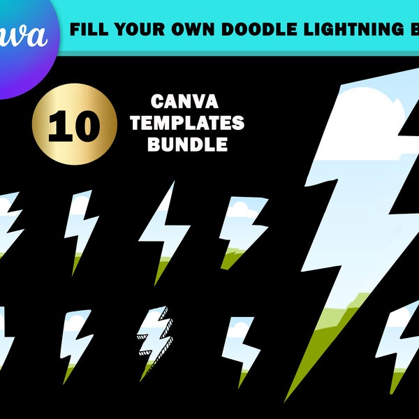 10 Doodle Lightning Bolt Canva Frame Template Bundle  | Make Your Own Lightning Bolt Design In Canva | Drag & Drop Design and Background
