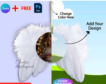 Canva Feather Fluffy Angel Wing Christmas Tree Ornament Mockup, Insert Your Own Design & Background Via Smart Canva Frame And Photoshop PSD