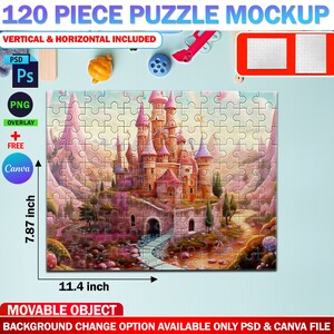 May include: A 120-piece jigsaw puzzle mockup featuring a colorful illustration of a fairytale castle with pink and blue towers, surrounded by green trees and a winding path. The puzzle is 11.4 inches wide and 7.87 inches tall.