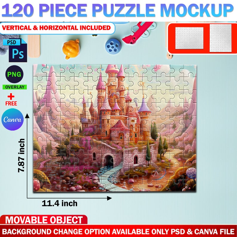May include: A 120-piece jigsaw puzzle mockup featuring a colorful illustration of a fairytale castle with pink and blue towers, surrounded by green trees and a winding path. The puzzle is 11.4 inches wide and 7.87 inches tall.