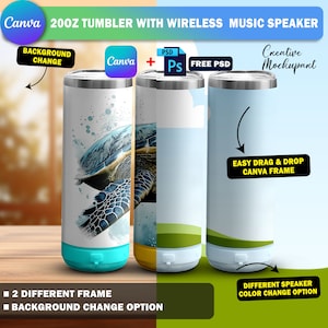 May include: A mockup of a 20 oz. stainless steel tumbler with a wireless speaker. The tumbler has a blue and green turtle design on one side and a solid blue design on the other. The speaker is located at the bottom of the tumbler and is available in different colors. The background is a blurred image of a forest.
