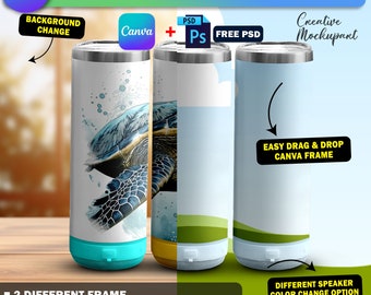 Maqueta de vaso de altavoz Bluetooth Canva de 20 oz, Maqueta de vaso de altavoz delgado de 20 oz Cambiar color de altavoz, diseño de inserción de fondo a través de Canva PSD