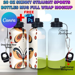 May include: Mockup of a 20 ounce skinny straight sports bottle with a butterfly design. The bottle is white with red, orange, and brown butterflies. The bottle has a black lid and a black carabiner clip. The background is a light blue sky with white clouds and green grass.