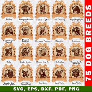 Op de afbeelding: Een set van 75 houten ornamenten met verschillende hondenrassen. Elk ornament is gevormd als een kerstsok en heeft een hondenkop in het midden. De tekst "Santa Paws is Coming to Town" staat rond de hondenkop. De ornamenten zijn gerangschikt in een rasterpatroon.