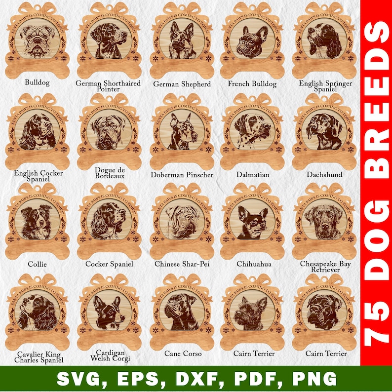 Op de afbeelding: Een set van 75 houten ornamenten met verschillende hondenrassen. Elk ornament is gevormd als een kerstsok en heeft een hondenkop in het midden. De tekst "Santa Paws is Coming to Town" staat rond de hondenkop. De ornamenten zijn gerangschikt in een rasterpatroon.