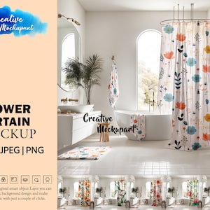 Bathroom Scene Mockup | Shower Curtain Mockup | Bath Towel Mockup | Bathroom Rug Mockup | Insert Design Via Photoshop PSD, Canva PNG, JPG