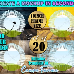 Maqueta de marco de Canva Wind Spinner de 10 pulgadas / SET DE 20 fondos de Canva diferentes / Sublimación DYE Agregue su propio diseño a través del marco de Canva