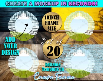 May include: A mockup image with the text "CREATE A MOCKUP IN SECONDS!" and "ADD YOUR DESIGN". It includes a 10-inch frame size and a set of 20 editable templates in Canva Frame. The design features a wavy border and green grass.