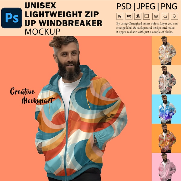 AOP Unisex Lightweight Zip Up Windbreaker Mockup | POD Windbreaker Jacket PSD | Insert Design Via Photoshop Smart Psd, Canva Png & Jpg