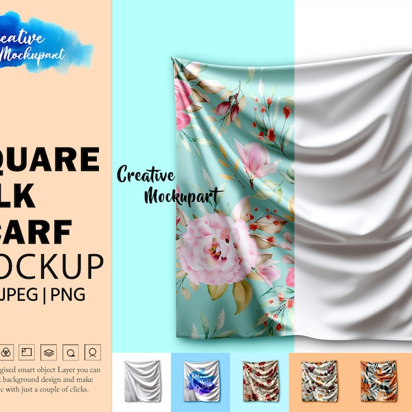 Square Silk Scarf Mockup | Satin Scarf Mockup | Dye Sublimation, Change Background, Add Design Via Photoshop PSD, Canva PNG & Jpg