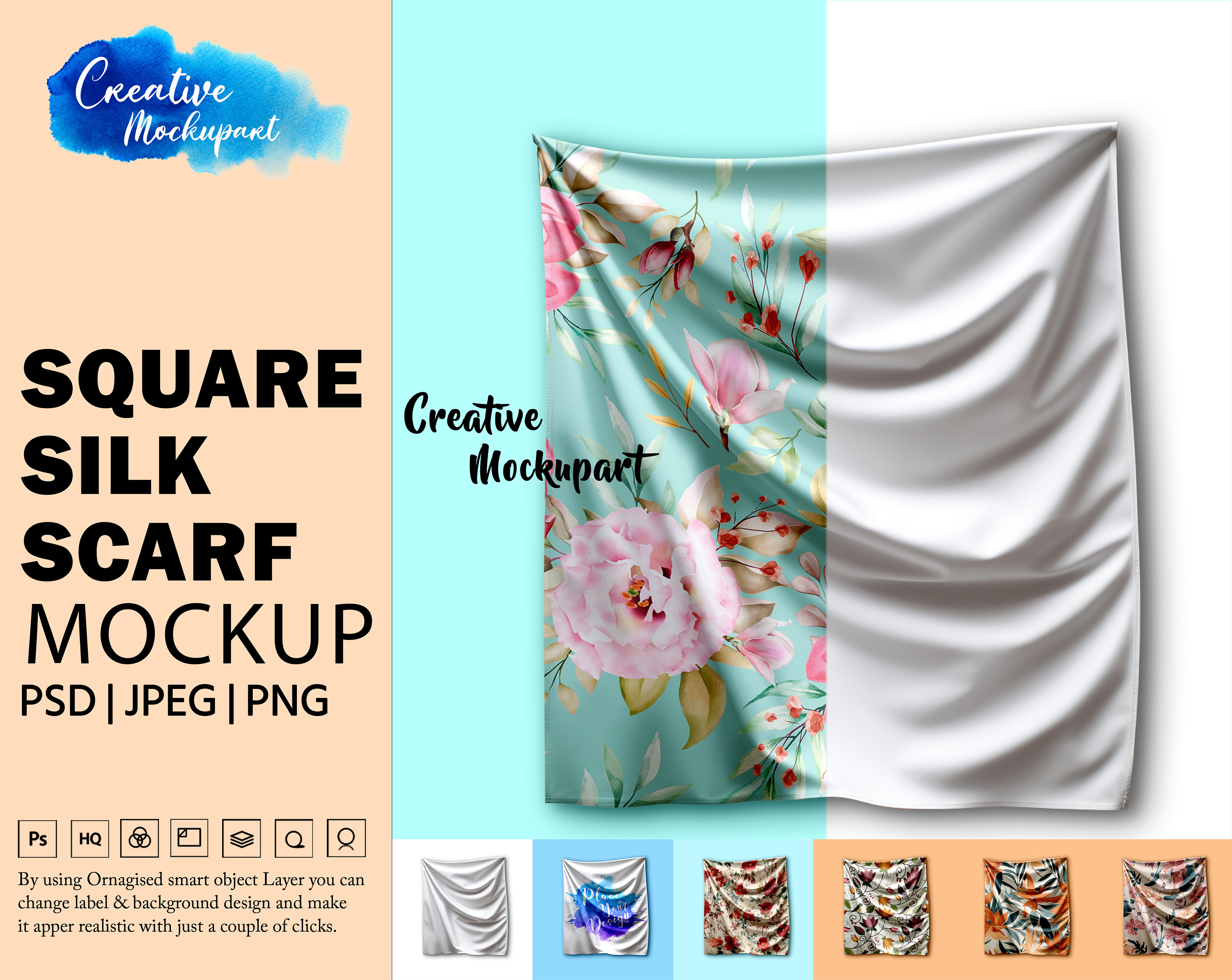 Quadrat Seidenschal Mockup | Satin Schal Mockup | Dye Sublimation, Hintergrund ändern, Design über Photoshop PSD, Canva PNG & Jpg hinzufügen