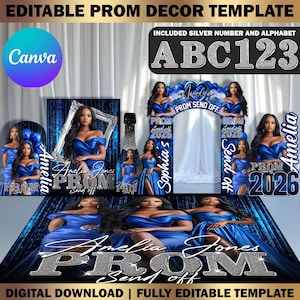 Custom Prom Decor Canva Template Bundle, Name Cutout, Blue & Silver Prom Entrance Arch, Magazine Backdrop Hat Arch Wall Floor Wrap Decor Set
